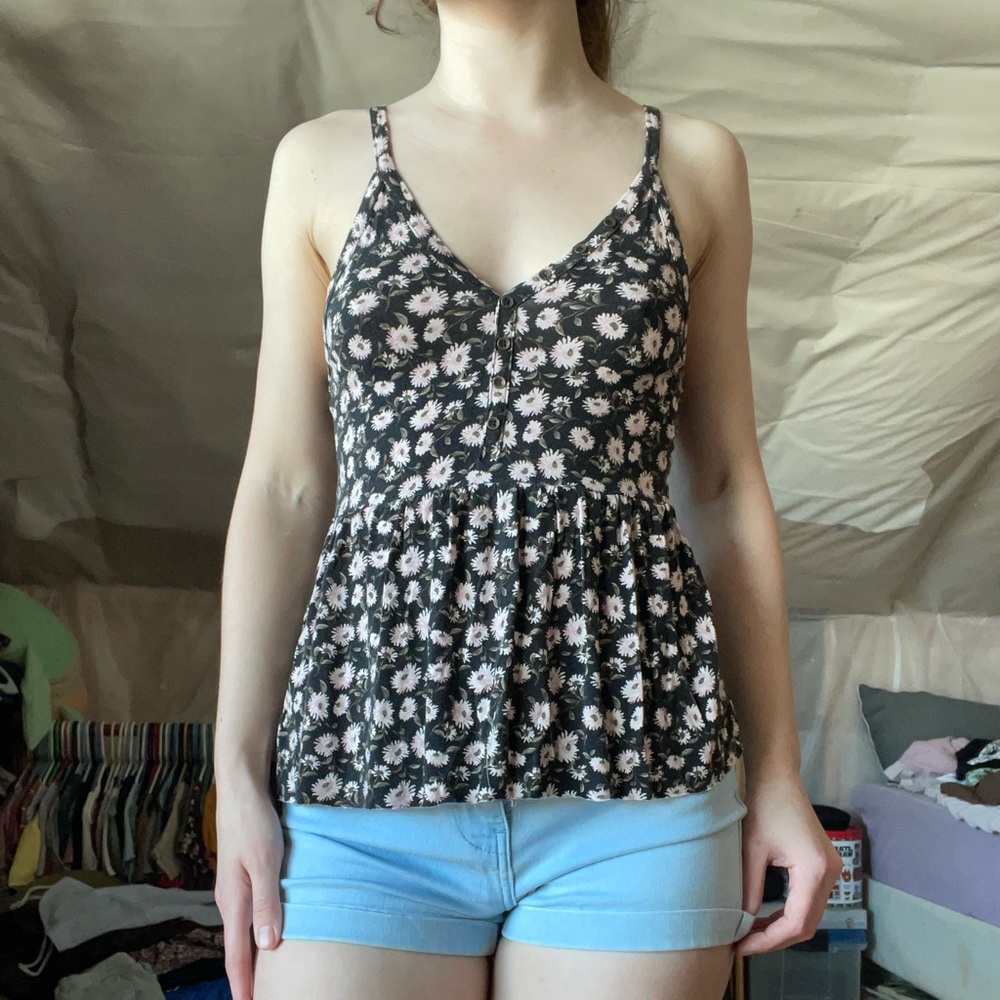 🖤 Floral Flowy Tank Top, Pink Flowers, Soft & Sexy from American Eagle, Black